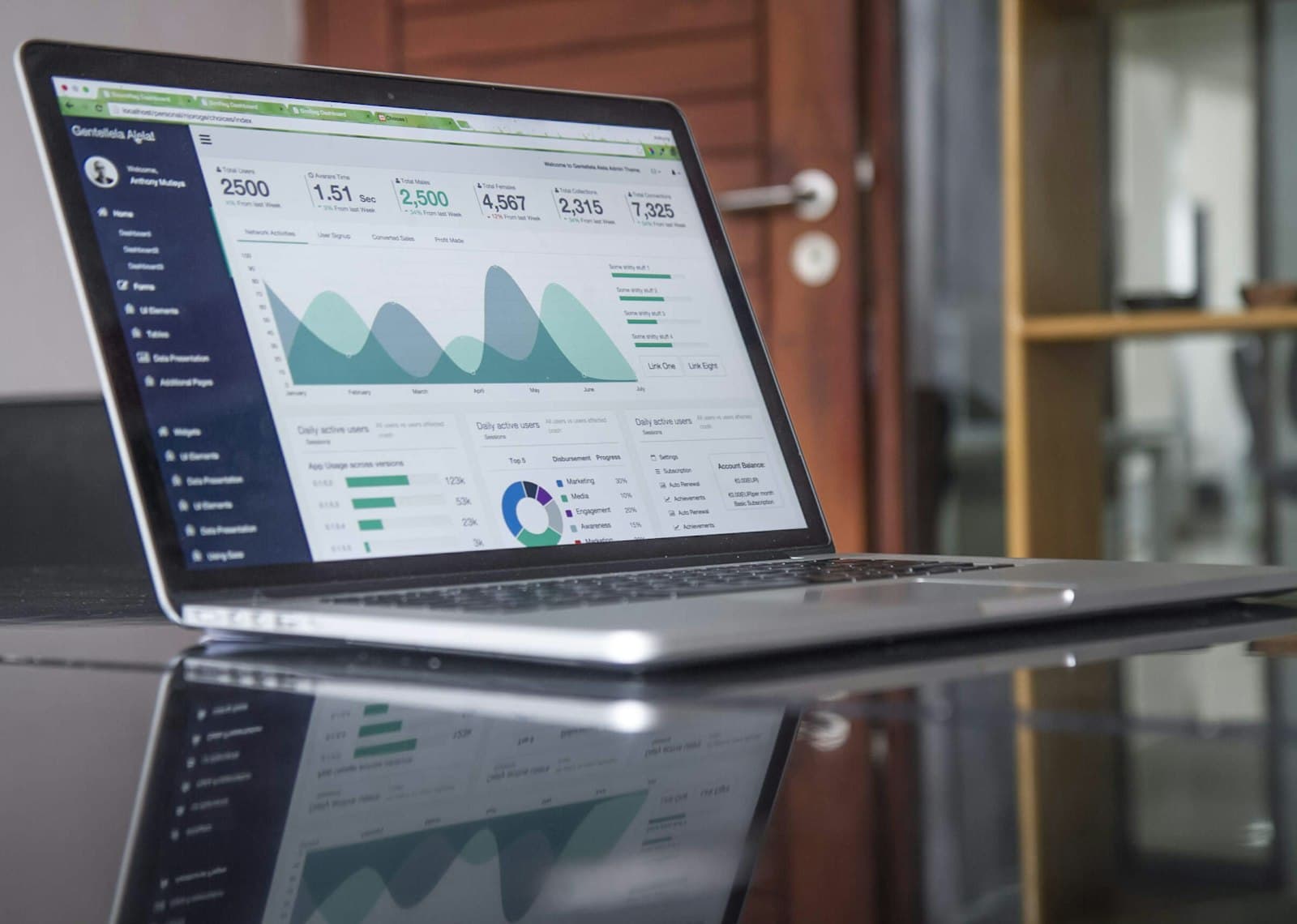 Laptop displaying an ERP analytics dashboard with sales and usage charts